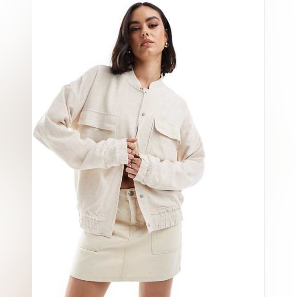 New Vila linen Bomber Jacket, Neutral Cream/Flax Color, Size XS/S